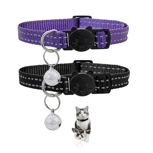 LuckyOpt Katzenhalsband, 2Pcs reflektierendes Katzenhalsband mit sicherer Schnellverschluss Breakaway Schnalle und Glocke, verstellbares 22-35 cm Katzenhalsband für Katzen Hunde (Purple + Schwarz) von LuckyOpt