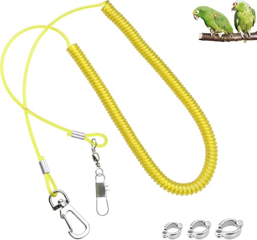 LuckyOpt Papageienfliegende Leine, 5 m Trainingsseil mit 3 Größen Vogelfußring, Anti-Bissband, elastische Schnur für Nymphensittiche, Vögel, Taube (Gelb) von LuckyOpt