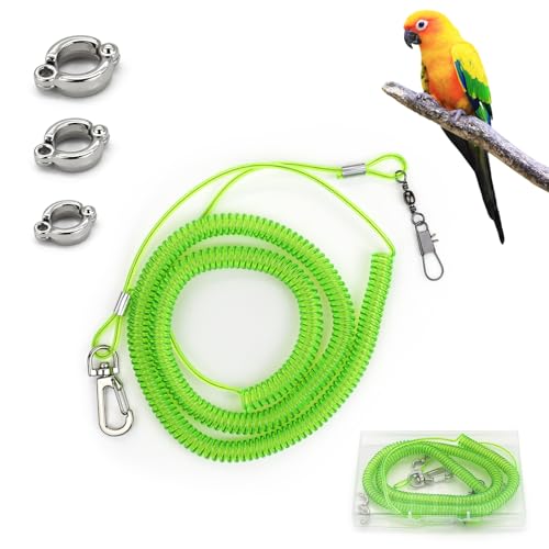 LuckyOpt Papageienfliegende Leine, 5 m Trainingsseil mit 3 Größen Vogelfußring, Anti-Bissband, elastische Schnur für Nymphensittiche, Vögel, Tauben (Grün) von LuckyOpt