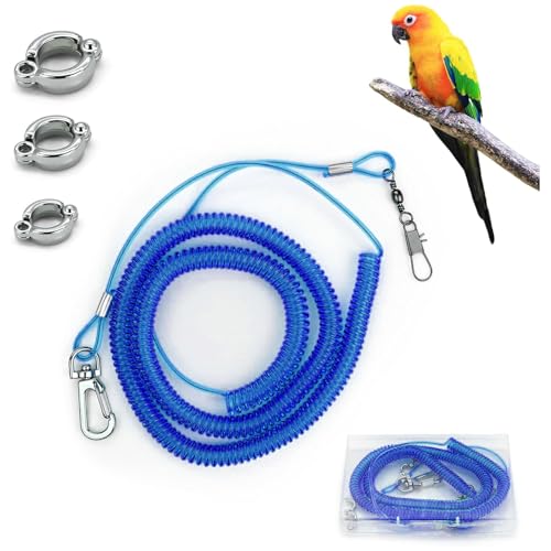 LuckyOpt Papageienfliegende Leine, 5 m Trainingsseil mit 3 Größen Vogelfußring, Anti-Bissband, elastische Schnur für Nymphensittiche, Vögel, Tauben (blau) von LuckyOpt