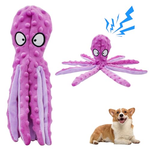 LuckyOpt Quietschendes Hundespielzeug, 32,5 cm, Plüsch-Oktopus-Hundespielzeug mit Knisterpapier und quietschender Innenseite, keine Füllung, Hundespielzeug für den Innenbereich, Violett von LuckyOpt