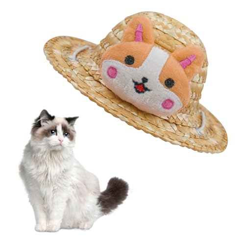 LuckyOpt Sonnenhut für Hunde, niedlicher Haustierhut für Hunde und Katzen, mit verstellbarem Riemen, Sonnenschutz, Strohhut für Ausgehen, Strand, Meer, Reisen im Sommer (Stil 3, M) von LuckyOpt