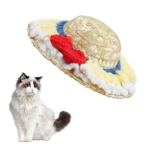 LuckyOpt Sonnenhut für Hunde, niedlicher Haustierhut für Hunde und Katzen, mit verstellbarem Riemen, Sonnenschutz, Strohhut für Ausgehen, Strand, Meer, Reisen im Sommer (Stil 5, S) von LuckyOpt