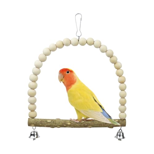 LuckyOpt Vogel Schaukel Spielzeug mit Barsch Stand und Glocke, natürliches hölzernes buntes Vogel Spielzeug Vogel Spielzeug für kleine Vögel Budgie Sittich Kakadu (L, Holzfarbe) von LuckyOpt
