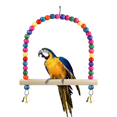 LuckyOpt Vogel Schaukel Spielzeug mit Barsch Stand und Glocke, natürliches hölzernes buntes Vogel Spielzeug Vogel Spielzeug für kleine Vögel Budgie Sittich Kakadu (L, Holzfarben) von LuckyOpt