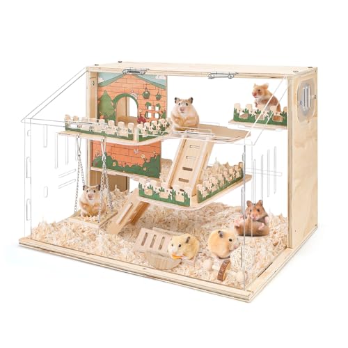 Hamsterkäfig aus Holz, groß, 40,6 cm, 3-lagiger Acryl-Hamsterkäfig, Kleintierkäfige mit Plattform und Laufstall für direkte Beobachtung, Haustierbedarf (klar) von Lucxhcky