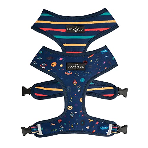 Cute Reversible Dog Harness Walking Halter - Best Designer Pet Harnesses for Medium Dogs - Padded Adjustable Vest for Easy Walking (Medium, Space Doodle) von Lucy & Co.