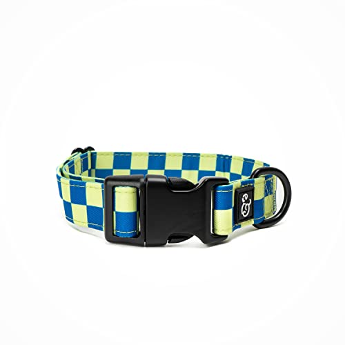 Lucy & Co. Have a Nice Day Hundehalsband – strapazierfähiges, leichtes Designer-Halsband für Haustiere – verstellbare Metall-Sicherheitsschnalle – Limettengrün Blau Karo – Größe L von Lucy & Co.