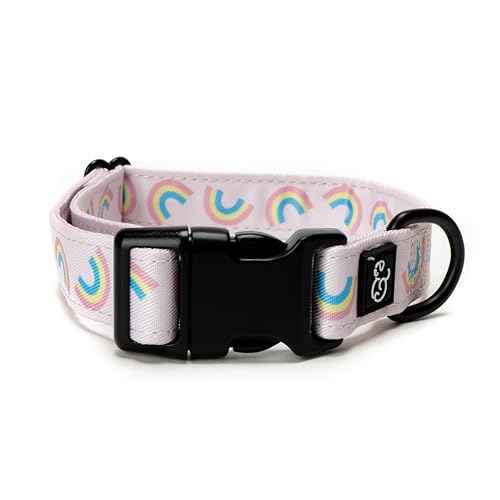 Lucy & Co. Making Rainbows Hundehalsband – strapazierfähiges, leichtes Designer-Halsband für Haustiere – verstellbare Metall-Sicherheitsschnalle – Rosa/Violette Regenbögen, Größe M von Lucy & Co.