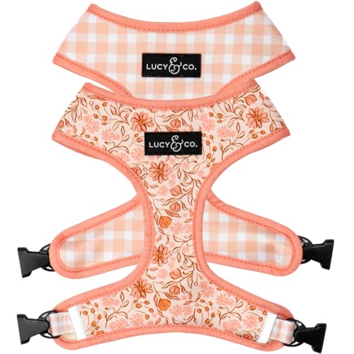 Lucy & Co. Niedliches wendbares Hundegeschirr, Spaziergangshalfter, beste Designer-Haustiergeschirre für XS-XL, gepolsterte, verstellbare Weste für einfaches Gehen, Größe M, Pfirsichrosa Blumenmuster von Lucy & Co.