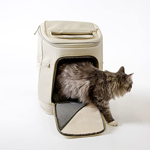 LucyBalu® HOP-ON Premium Katzenrucksack mit Fenster | Katzentransporttasche | Katzenbox | Katzen Transport Rucksack aus recycelten Materialien | Rucksack für Katzen zum Transport | Sand von LucyBalu