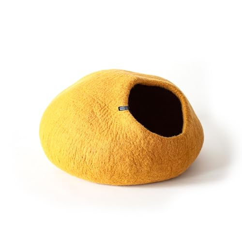 LucyBalu® Premium Katzenhöhle aus Filz | Natürliches Katzenbett aus 100% Flauschiger Wolle | Filzhöhle für Katzen handgefertigt in Nepal | Kuschelhöhle für Katzen | 45x45x28 cm | Mustard von LucyBalu