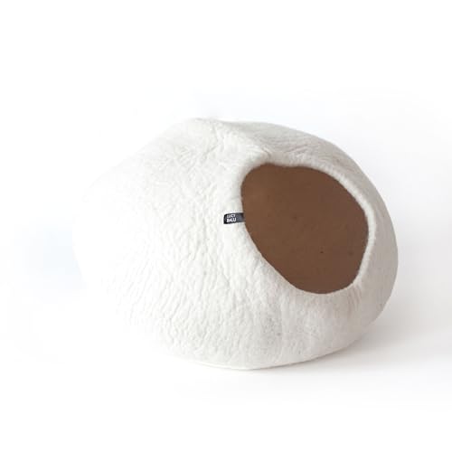 LucyBalu® Premium Katzenhöhle aus Filz | Natürliches Katzenbett aus 100% Flauschiger Wolle | Filzhöhle für Katzen handgefertigt in Nepal | Kuschelhöhle für Katzen | 45x45x28 cm | Weiß von LucyBalu