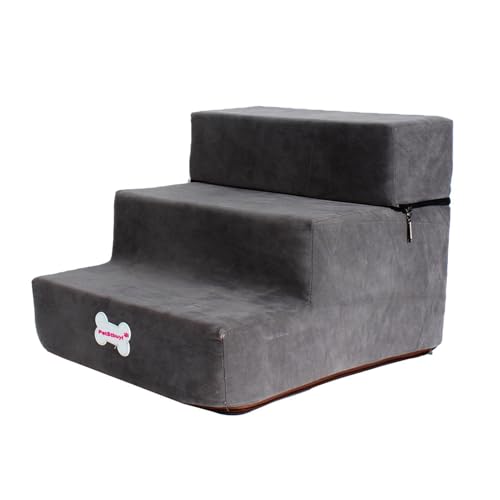 Hundetreppe für Bett, Sofa, hochdichter Schaumstoff, Haustiertreppe 3 Stufen, rutschfeste Haustierrampe mit abnehmbarem waschbarem Bezug für Hunde und Katzen von Lueear