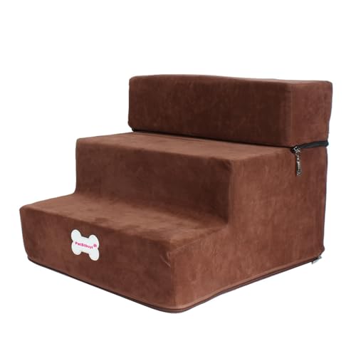 Hundetreppe für Bett, Sofa, hochdichter Schaumstoff, Haustiertreppe 3 Stufen, rutschfeste Haustierrampe mit abnehmbarem waschbarem Bezug für Hunde und Katzen von Lueear