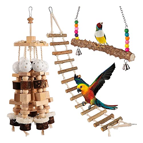 Lukasz Vogelvogel-Kauspielzeug aus Holz, 3-teilig, mit Ständer, Schaukel, Leiter, für Spielzeug, Vogelkäfig, Kakadus von Lukasz