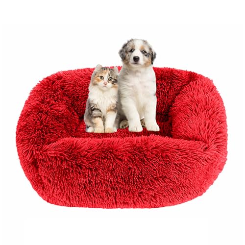 Lukery Hundebett Katzenbett Flauschig Rund aus Plüsch, Kuscheliges Donut Hundekissen und Katzenkissen Weiches Plüsch Hundeliege für Kleine, Mittelgroße und Große Haustiere (75X65CM,Burgunderrot) von Lukery