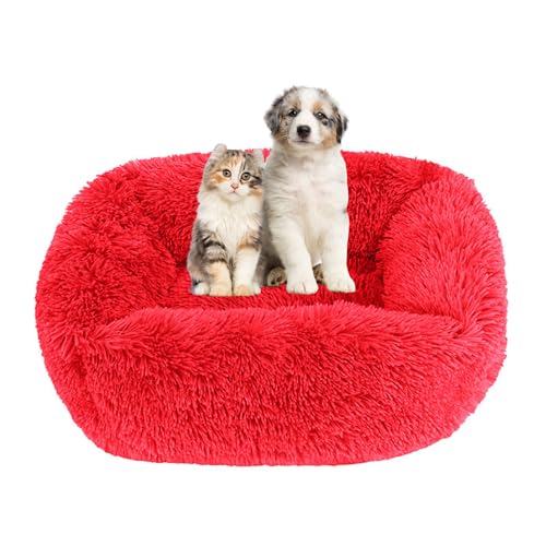 Lukery Hundebett Katzenbett Flauschig Rund aus Plüsch, Kuscheliges Donut Hundekissen und Katzenkissen Weiches Plüsch Hundeliege für Kleine, Mittelgroße und Große Haustiere (95X75CM,Rot) von Lukery