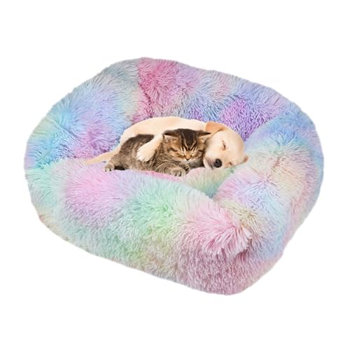 Lukery Hundebett Katzenbett Flauschig Rund aus Plüsch, Kuscheliges Donut Hundekissen und Katzenkissen Weiches Plüsch Hundeliege für Kleine, Mittelgroße und Große Haustiere (Regenbogen,S(55X45)) von Lukery