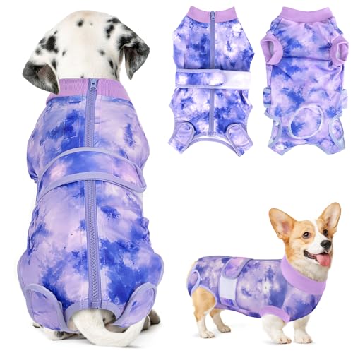 Lukovee Genesungsanzug für Hunde, Einteiler mit Reißverschluss für Hündinnen, Bauchwunden, Kegel, E-Halsband, verhindert Lecken, Spay (3XL, lila Batik) von Lukovee