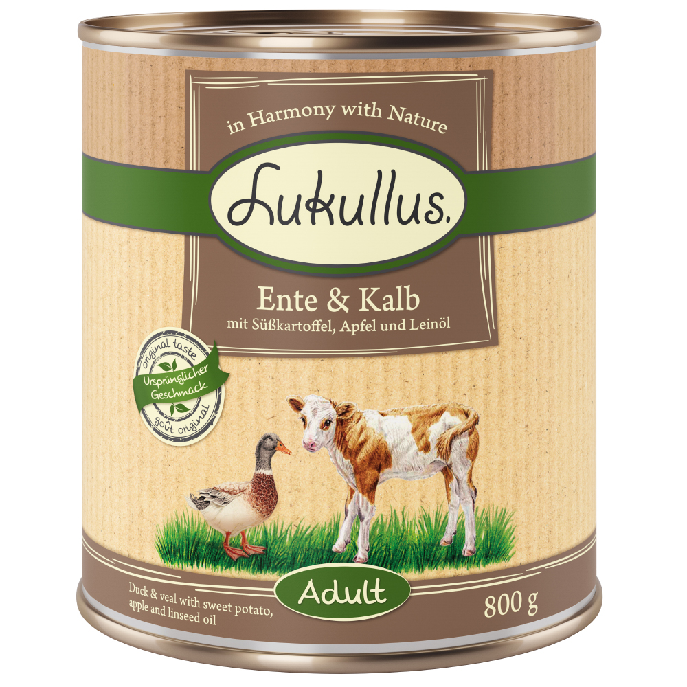 10 + 2 gratis! 12 x 800 g Lukullus Naturkost Adult Adult Ente & Kalb (getreidefrei) von Lukullus