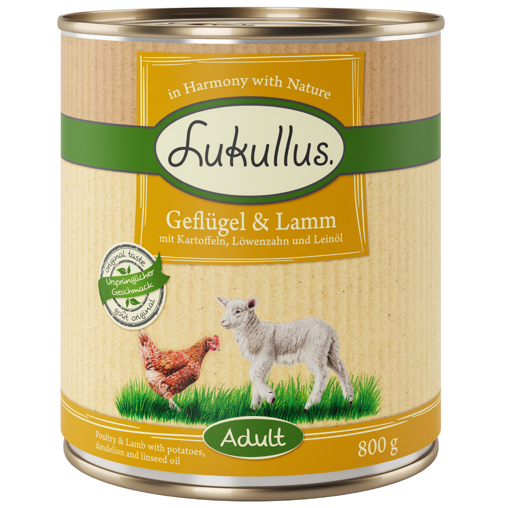 10 + 2 gratis! 12 x 800 g Lukullus Naturkost Adult Adult Geflügel & Lamm (getreidefrei) von Lukullus