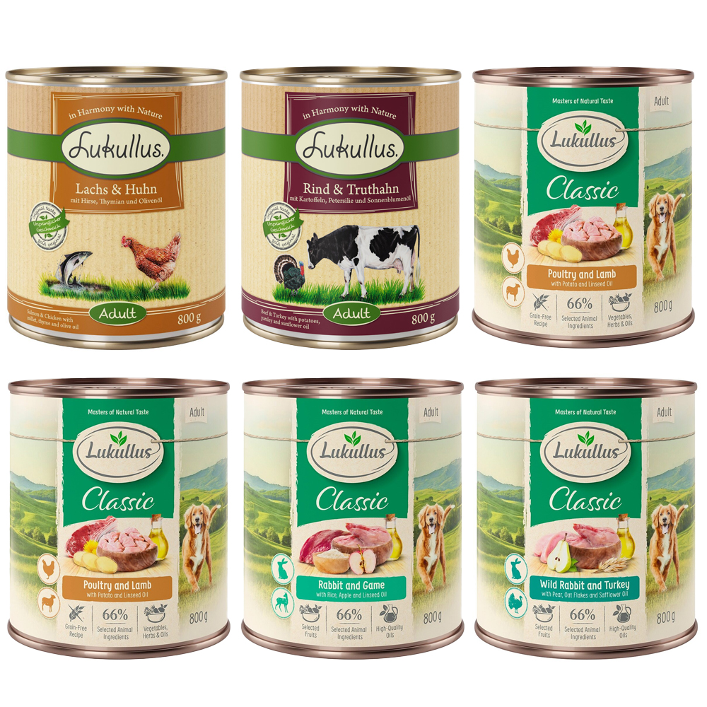 10 + 2 gratis! 12 x 800 g Lukullus Naturkost Adult Adult Mixpaket (5 sorten) von Lukullus