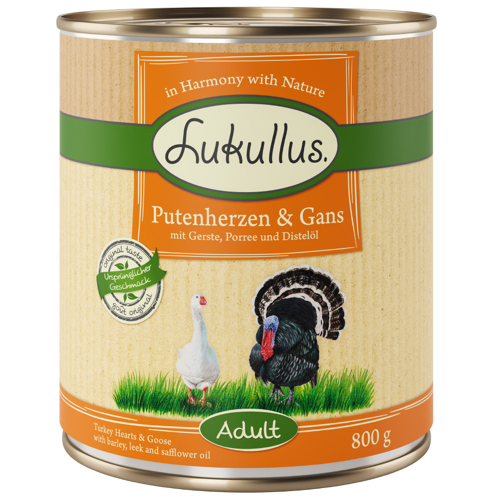 10 + 2 gratis! 12 x 800 g Lukullus Naturkost Adult Adult Putenherzen & Gans 10 + 2 gratis! 12 x 800 g Lukullus Naturkost Adult Adult Putenherzen & Gans von Lukullus