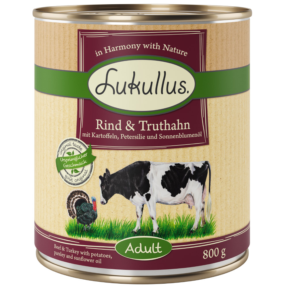 10 + 2 gratis! 12 x 800 g Lukullus Naturkost Adult Adult Rind & Truthahn (getreidefrei) von Lukullus