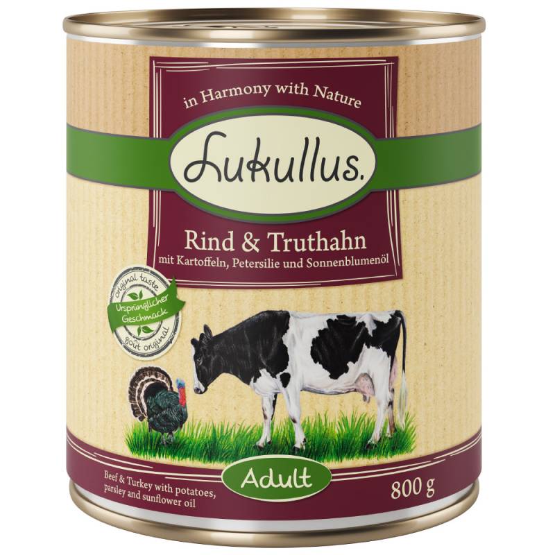 10 + 2 gratis! 12 x 800 g Lukullus Naturkost Adult Adult Rind & Truthahn (getreidefrei) von Lukullus