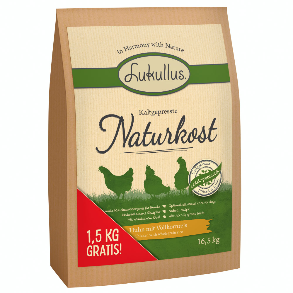 15 + 1,5 kg gratis! 16,5 kg Lukullus Kaltgepresst Huhn & Vollkornreis - 16,5 kg von Lukullus