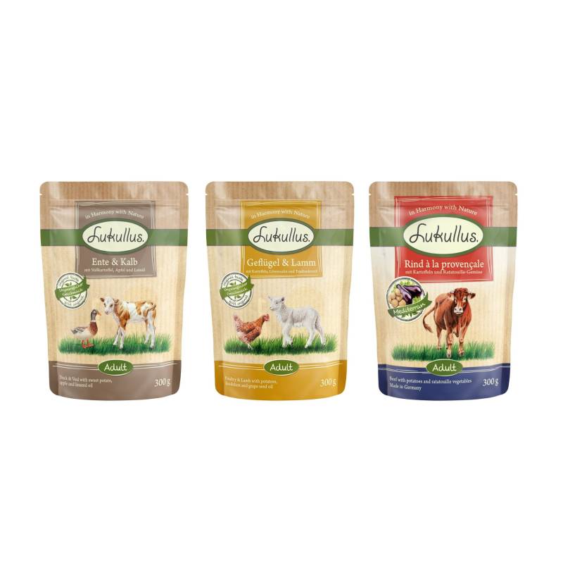 6 x 300 g Lukullus Naturkost Adult getreidefreier Probiermix  - Mixpaket (3 Sorten) von Lukullus