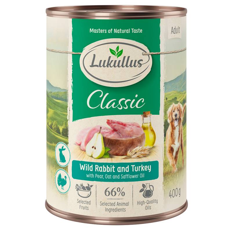 6 x 400 g Lukullus Naturkost zum Probierpreis! - Wildkaninchen & Truthahn Adult von Lukullus