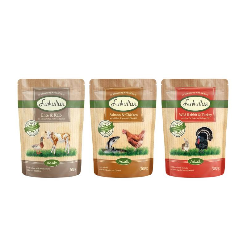 Lukullus Frischebeutel Naturkost 6 x 300 g Mixpaket: Wildkaninchen & Truthahn / Ente & Kalb / Lachs & Huhn von Lukullus