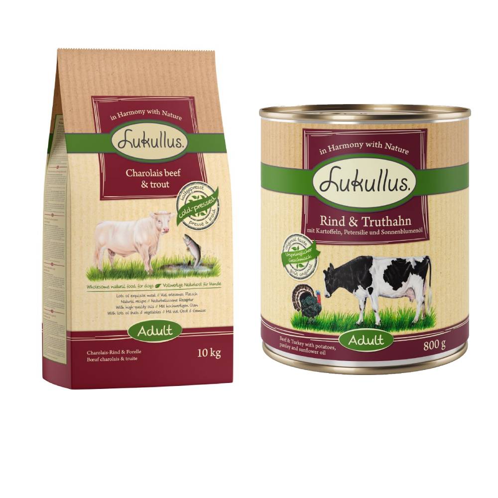 Lukullus Kaltgepresst Kombi-Paket: 10 kg Trockenfutter + 24 x 800 g Nassfutter - Adult Rind & Forelle + Rind & Truthahn Lukullus Kaltgepresst Kombi-Paket: 10 kg Trockenfutter + 24 x 800 g Nassfutter - Adult Rind & Forelle + Rind & Truthahn von Lukullus
