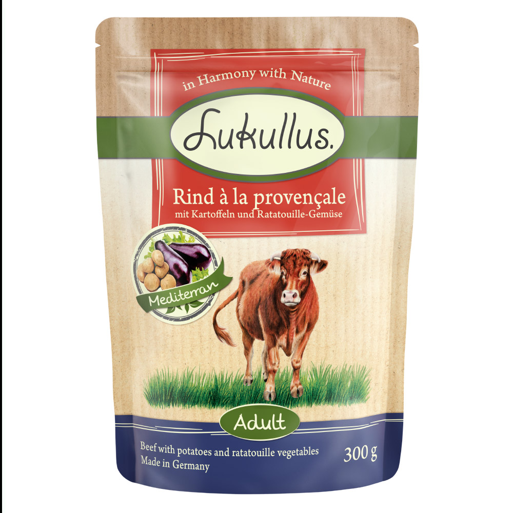 Lukullus Naturkost Adult Getreidefrei Frischebeutel 6 x 300 g - Rind à la Provençale von Lukullus