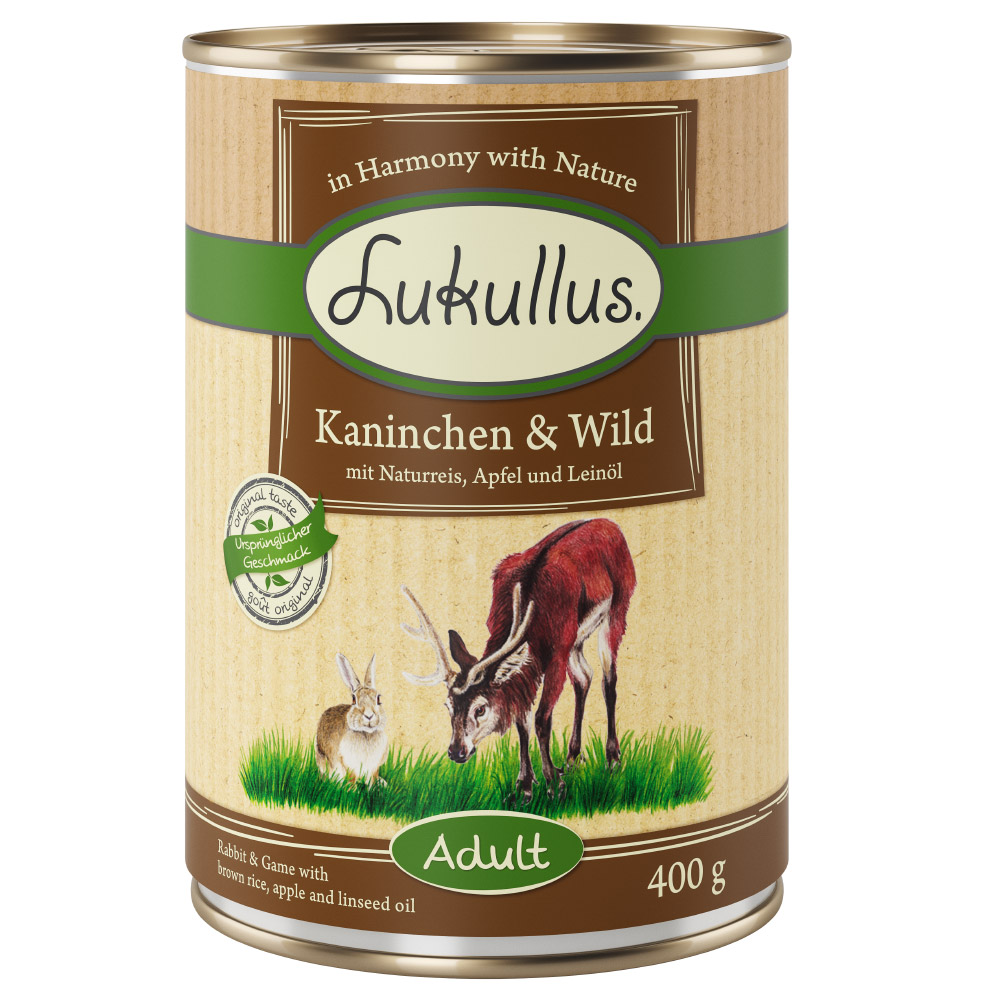 Lukullus Naturkost Einzeldose 1 x 400 g - Kaninchen, Wild, Naturreis, Apfel, Leinöl von Lukullus