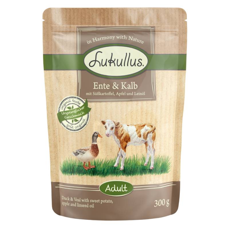 Lukullus Naturkost Adult Getreidefrei Frischebeutel 6 x 300 g - Ente & Kalb von Lukullus