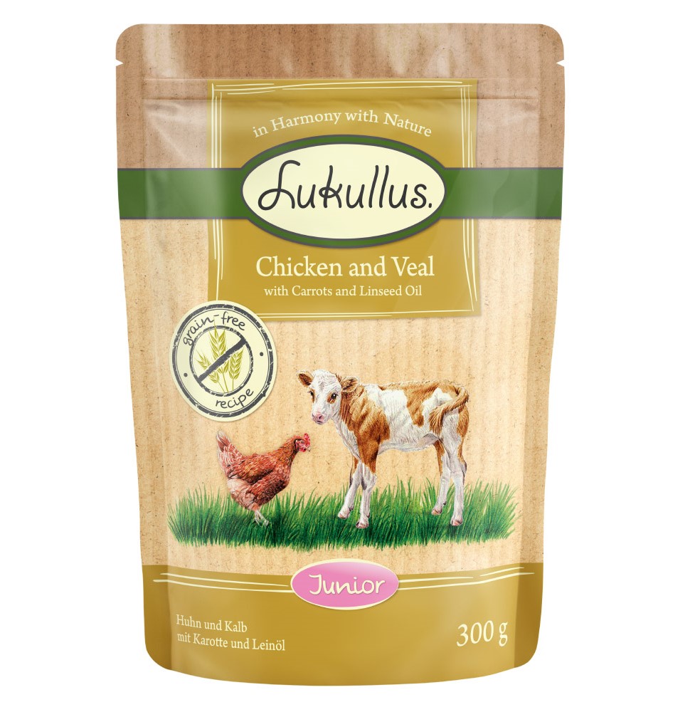 Lukullus Naturkost Junior Getreidefrei Frischebeutel 6 x 300 g - Huhn & Kalb von Lukullus