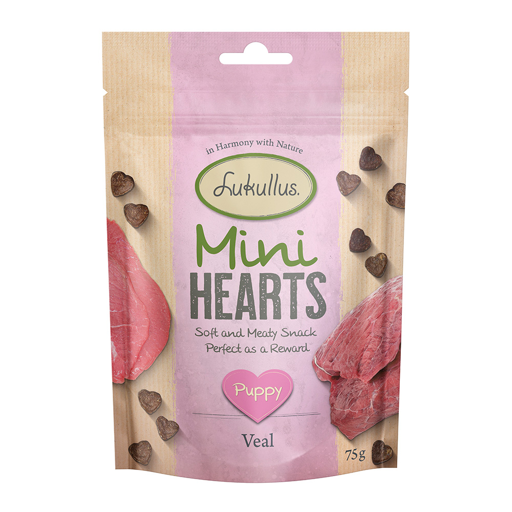 Lukullus Puppy "Mini Hearts" Snacks Kalb (getreidefrei) - Sparpaket 3 x 75 g von Lukullus