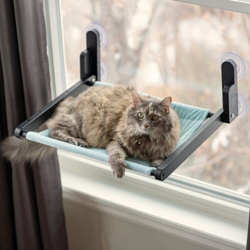 Luli & Cat 【Kabellose Faltbare Katzenfenstersitz】Premium Schwarz Massivholz Katzenfensterhängematte mit blauem gebürstetem Samtsitz Starke Saugnäpfe Platzsparendes Katzenfensterbett von Luli & Cat