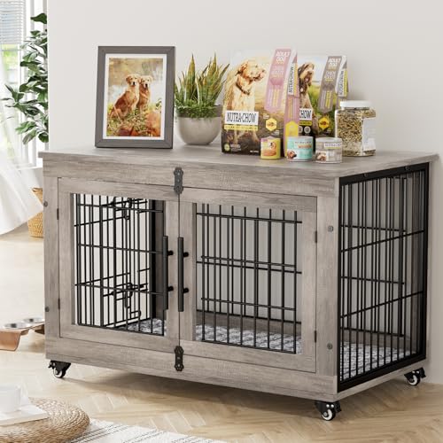 Lulive Hundekäfig-Möbel, Hundehütte für den Innenbereich, Doppeltüren, aus Holz, 96,5 cm, robuste Hundebox mit Kissen und Rollen, dekorativer Beistelltisch, Haustierhaus, kaufest für große/mittelgroße Lulive Hundekäfig-Möbel, Hundehütte für den Innenbereich, Doppeltüren, aus Holz, 96,5 cm, robuste Hundebox mit Kissen und Rollen, dekorativer Beistelltisch, Haustierhaus, kaufest für große/mittelgroße von Lulive
