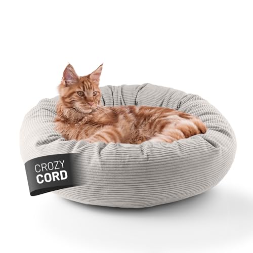 LUMALAND Komfort Katzenbett Cord, Ø 60 cm | Katzenhöhle Rutschfester Boden | Katzen Zubehör mit Softer Füllung & Cord-Bezug – alle Teile waschbar | Katzenkorb mit Reißverschluss und 15 cm hohem Rand von Lumaland