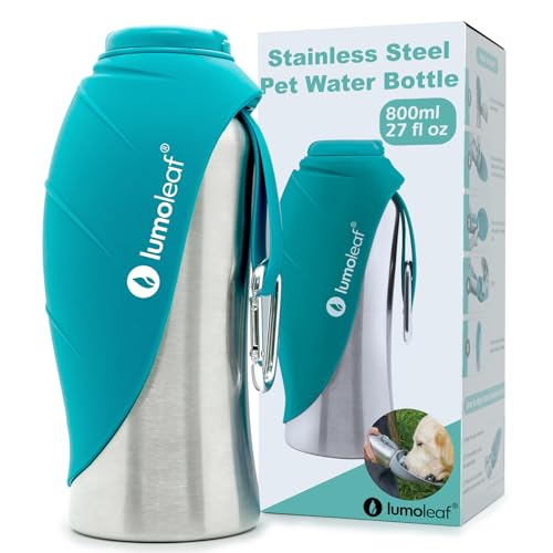 LumoLeaf Hundetrinkflasche für unterwegs, 800ml Edelstahl Trinkflasche Hund, Tragbare Haustier Wasserflasche, Hunde Wasserspender Reise Zubehör für Wandern und Campen (Blau) von LumoLeaf