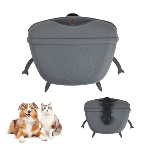 Silikon-Hundefutterbeutel, Lebensmittelechtes Material, Leicht zu Reinigen, Cartoon-Form, mit Clip und Magnetschnalle, Dient zum Aufbewahren von Tiersnacks oder Hundefutter beim Ausgehen (Grau) von Lunaanda