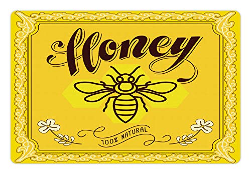 Lunarable Honey Bee Haustiermatte für Futter und Wasser, Honigtext-Umriss, handgezeichnetes Insekt im Ornamentquadratisch, rutschfeste Gummimatte für Hunde und Katzen, 45,7 x 30,5 cm, Seal Brown von Lunarable