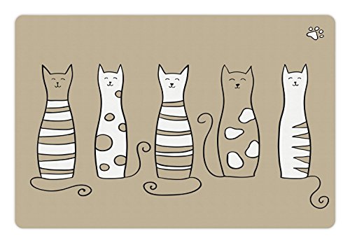 Lunarable Katzen-Haustiermatte für Futter und Wasser, moderne Grafik von 5 stehenden Katzen Meow Charakter Domestic Humor Art Work, Rechteckige rutschfeste Gummimatte für Hunde und Katzen, Beige Weiß von Lunarable