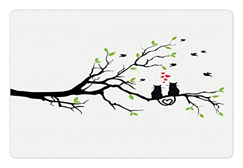 Lunarable Katzenliebhaber Haustiermatte für Futter und Wasser, Tiere in Liebe auf Baum Ast, fliegende Vögel Natur Romance Illustration, 45.7x30.5 cm, Limettengrün von Lunarable