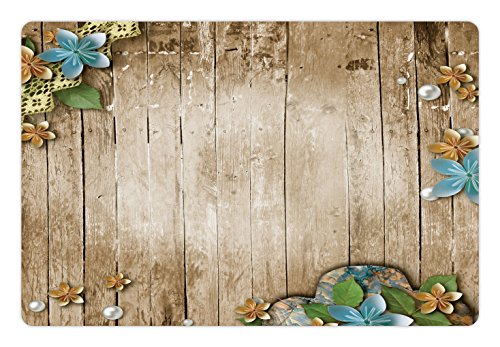 Lunarable Perlen Haustiermatte für Futter und Wasser, Blumen Perlen und Spitze auf rustikalen Holzdielen Hintergrund Vintage Stil Druck, 45.7x30.5 cm, Braun Blau von Lunarable