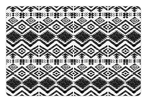 Lunarable Tribal Haustiermatte für Futter und Wasser, handgezeichneter Stil, Tribal-Muster, geometrisches und oranmentales Aztekenmuster, rutschfeste Gummimatte für Hunde und Katzen, Weiß,Schwarz von Lunarable